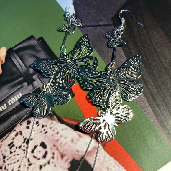 Silver Butterfly Long Earrings - Picture 3 of 4